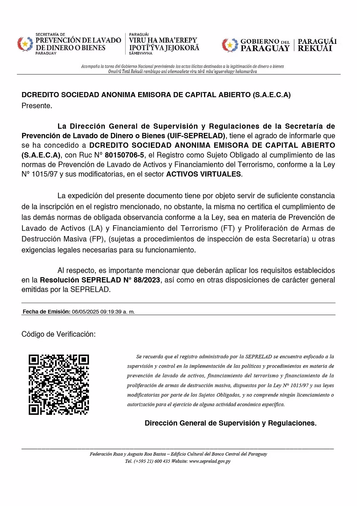 Certificado de inscripción de DCRÉDITO S.A.E.C.A. como Sujeto Obligado de Activos Virtuales ante SEPRELAD — Mayo 2025